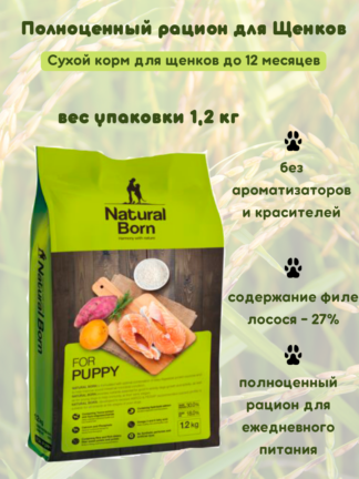 NATURAL BORN Puppy сухой корм для щенков всех пород на основе лосося. 1,2 кг